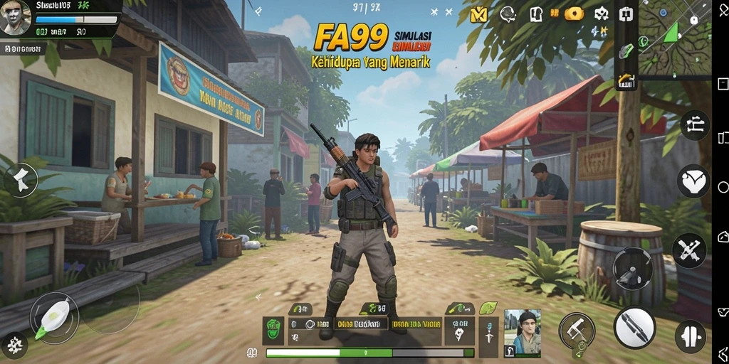 Screenshot utama FA99 menampilkan gameplay simulasi kehidupan yang menarik.