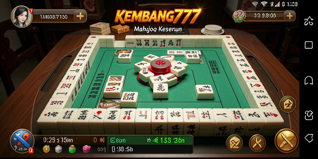 Screenshot gameplay utama KEMBANG777 menampilkan papan Mahjong yang penuh warna.