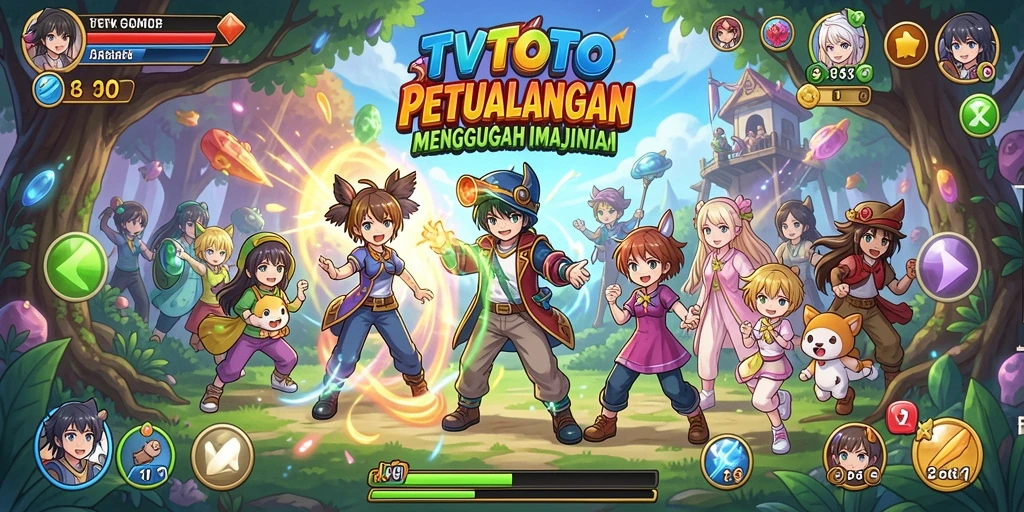 Tampilan gameplay menakjubkan dalam TVTOTO dengan karakter anime yang penuh warna.
