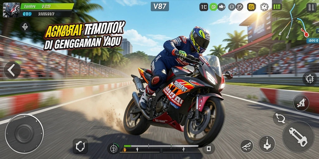 Screenshot gameplay V87 dengan aksi balapan motor yang seru.